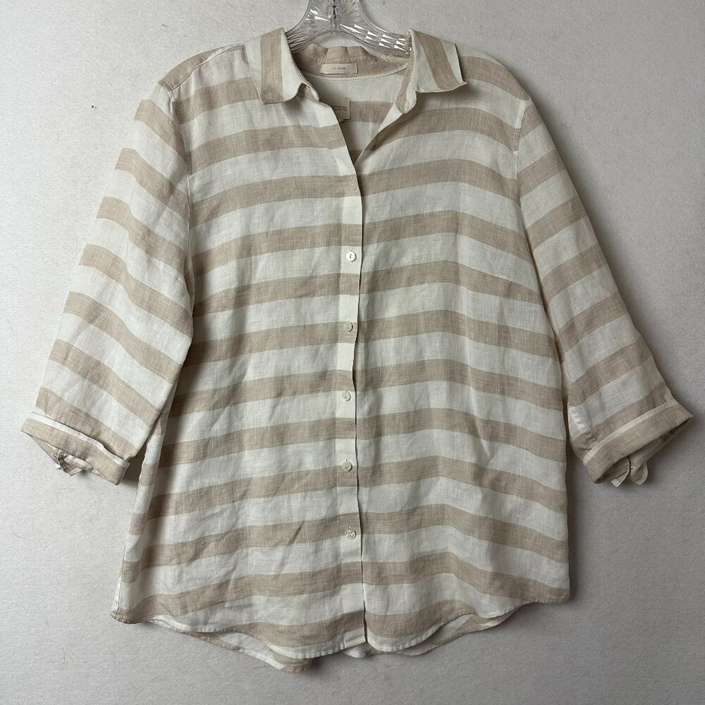 Chico’s No-Iron shirt sz 12 100%‎ linen tan white stripes 3/4 sleeves lagenlook